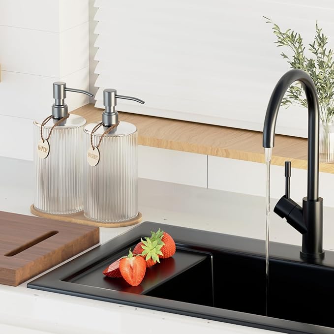 Glass Dish Soap Dispenser Set for Kitchen Sink,18Oz Hand Soap Dispenser for Bathroom with Wood Tray & Silver Stainless Steel Pump,Vertical Stripe Design