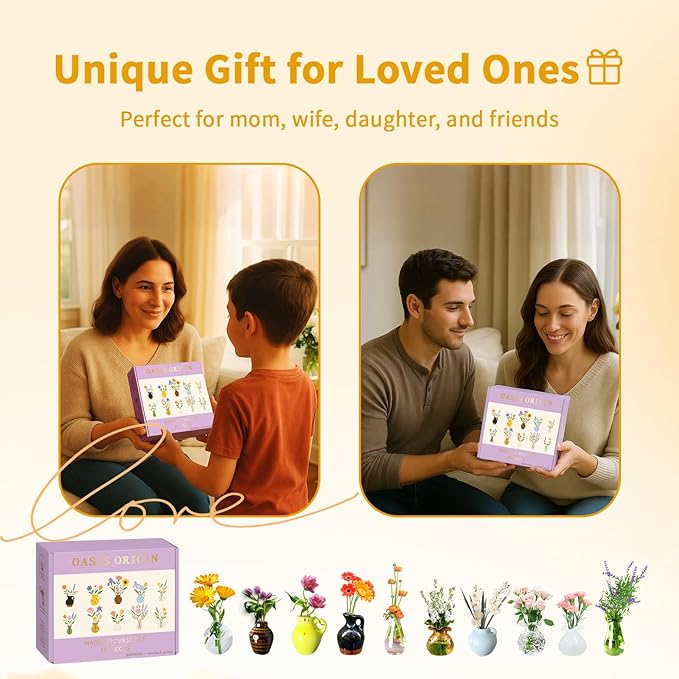 Magnetic Bud Vase Set – Mini Ceramic & Glass Vases with Strong Magnet for Fridge & Whiteboard – Decorative Small Flower Vases for Kitchen, Home or Office Décor for Women (Glass & Ceramic)
