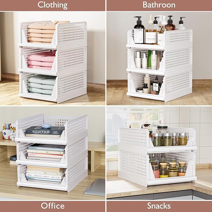 5 Pack Folding Closet Organizers Storage Box, Stackable Storage Bins, Plastic Drawer Basket Closet Storage for Wardrobe Cupboard Kitchen Bathroom Office 5L (White)