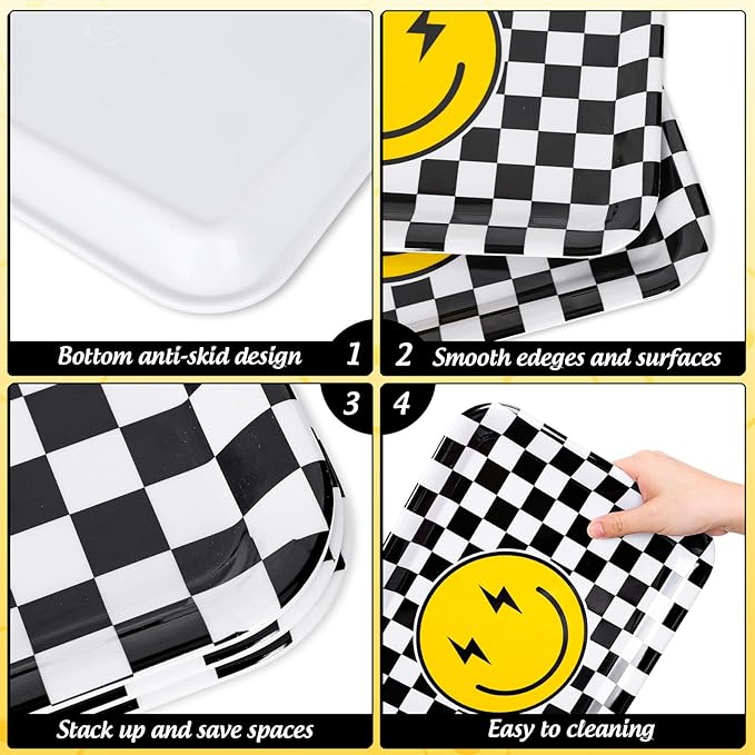 3Pcs One Happy Dude Serving Trays Reusable Smile Face Platter Black White Checkered Serving Dishes for First Birthday Party Sharing Snacks Fruit Dessert Candy, 13 x 10in