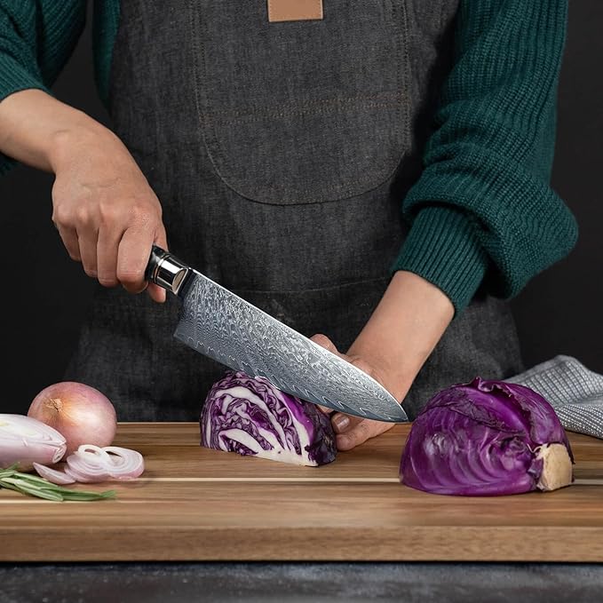 SENKEN Damascus Steel Chef's Knife - Tsunami Collection - 67-Layer Japanese VG10 Steel Core - Unique Black Resin & Natural Wood Handle, Razor Sharp, Beautiful Damascus Wave Pattern (Black)