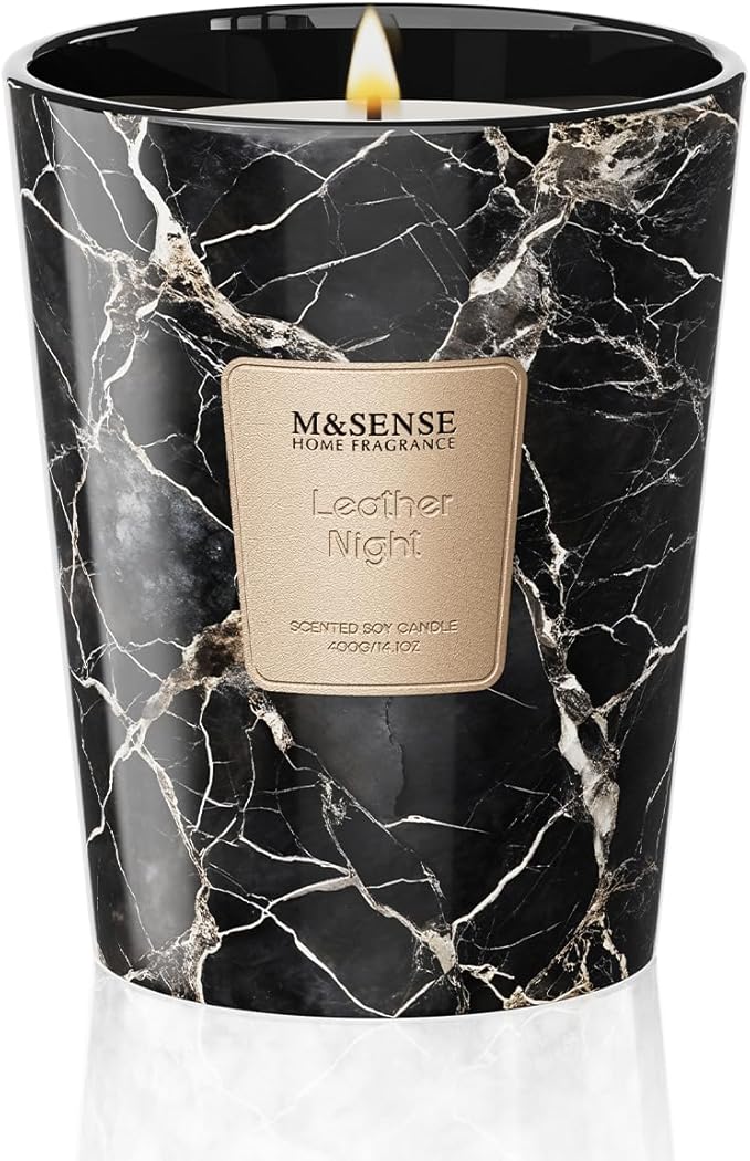 M&SENSE LeatherNight Scented Candles for Home, Lead-Free Wick Highly Scented Jar Candles, 14.1 Oz 80 Hours Lasting Burning Candles Gifts for Women, Relaxing Aromatherapy Candle for Stress Relief