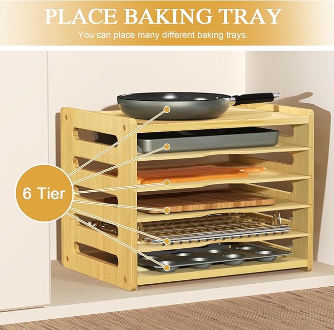 6 Tier Wooden Cabinet Tray Dividers, Kitchen Vertical Tray Divider Organizer, Storing pans, Baking trays, Cutting Board