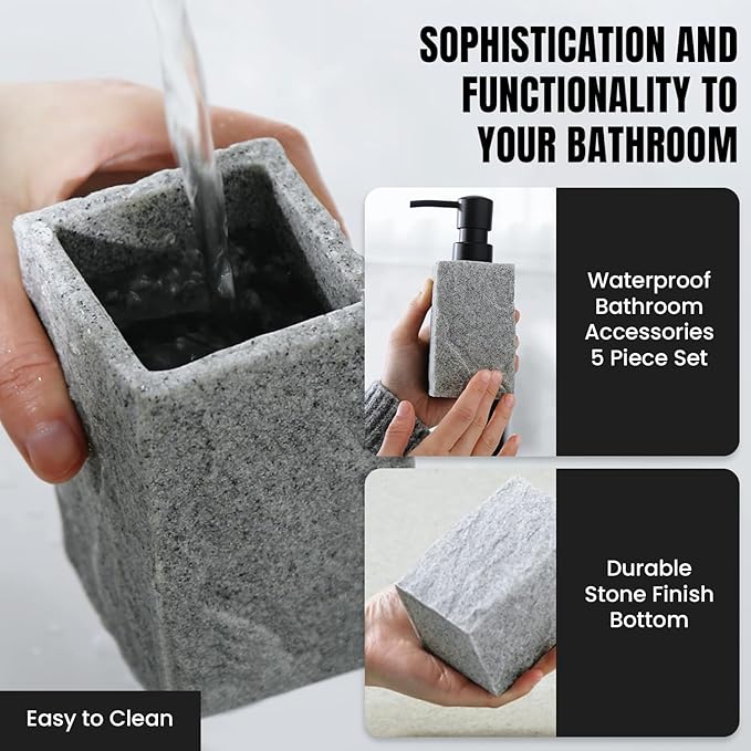 Bathroom Accessories Set - Soap Dispenser, Toothbrush Holder, Soap Dish, Toilet Brush & Toilet Brush Holder - Grey Stone Bathroom Accessories Set - Modern Bathroom Organizer Set (Black)
