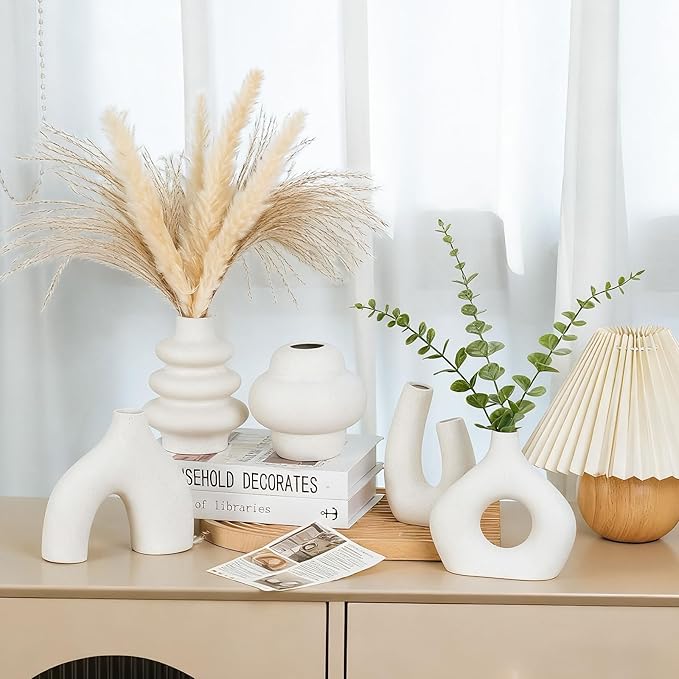 CUCUMI Ceramic Flower Vase Set of 5 Modern Nordic Boho Style Decorative Vases Home Decor, Matte Ceramic Decorations for Living Room Shelf, Bookshelf Mantle Entryway Table or Console Décor