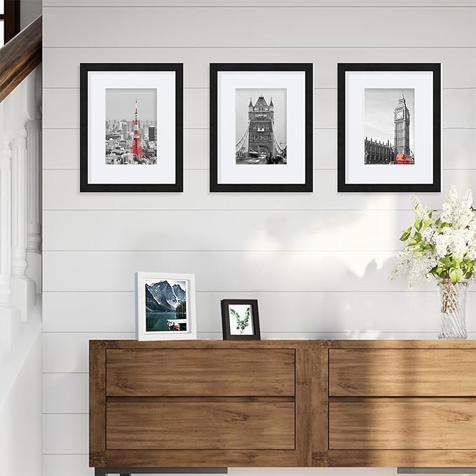 8x10 Black Picture Frames set of 3, Made of Wooden and Glass Photo frame - Displays Picture 5x7 with Mat or 8 x 10 without Mat, Desktop & Wall Collage Frame set