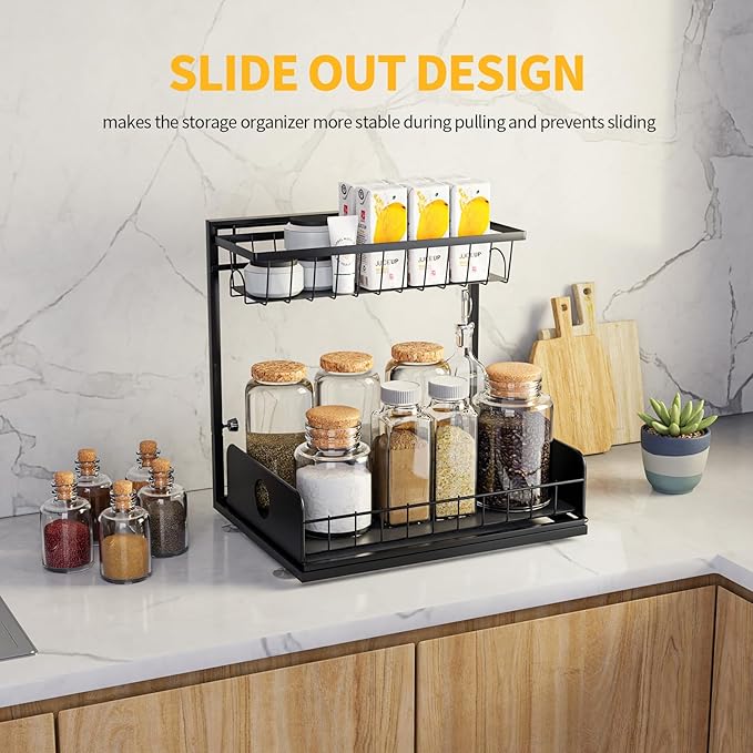 2 Pack Under Sink Organizers, Height Adjustable Under Sink Organizers And Storage, 2 Tier Pull Out Drawer Sturdy Metal Cabinet Organizer For Kitchen Bathroom Pantry