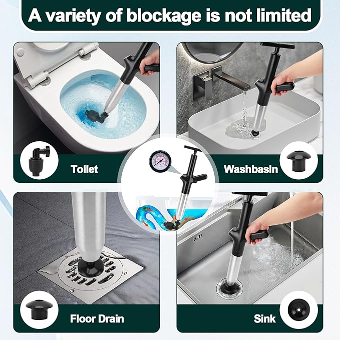 Toilet Plunger Drain Clog Remover, High Pressure Air Drain Remover Tool with Real-Time Barometer, Stainless Steel Clog Toilet Cleaner for Bathroom Kitchen Commercial Floor Sink(Black)