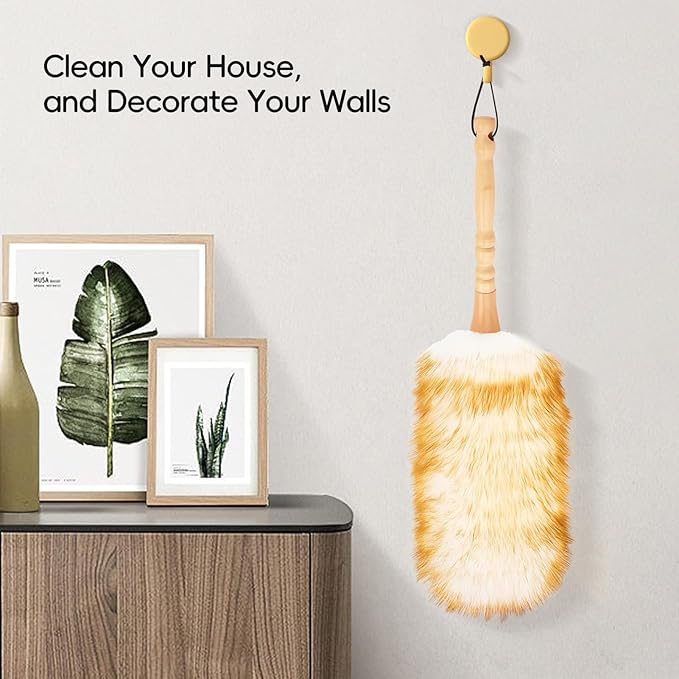 Lambswool Duster with Solid Wooden Handle,Leather Hang Strap,Comfortable Grips 19.6 inch Long Natural Feathers Dusters for Cleaning Wall Plant Desk Blind Cleaner Duster Tool