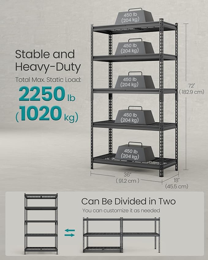 SONGMICS 5-Tier Storage Shelves, Heavy-Duty Garage Shelving, Adjustable Shelving Unit, Steel Shelf, Boltless Assembly, for Garage, 2,250 lb Load, 18 x 72 x 72 Inches, Ink Black UGLR453B02