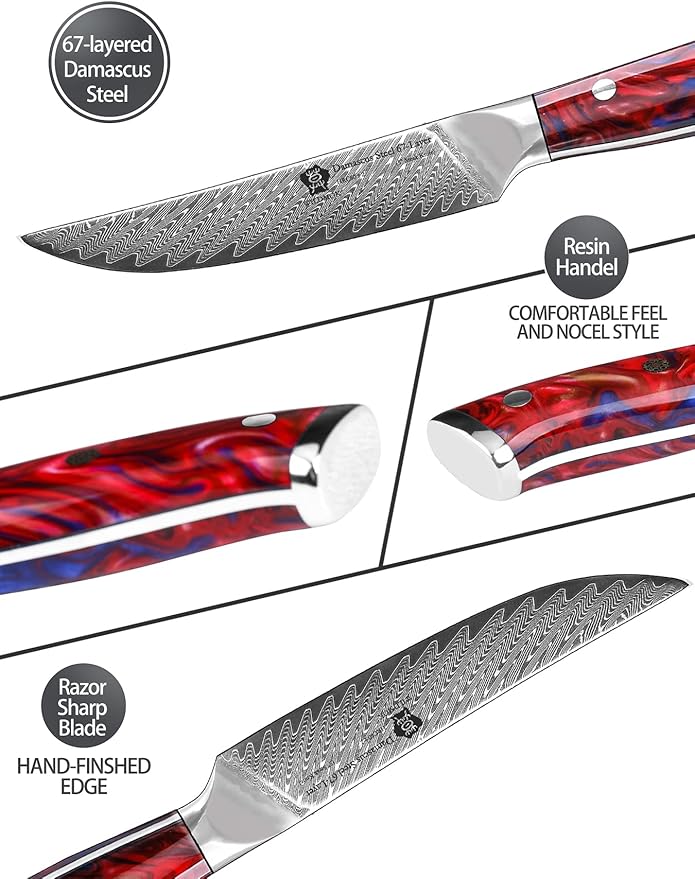 WILDMOK Steak Knives, 5 inch Non Serrated Steak Knife Set of 4, Japanese Damascus VG10 Steel Steak Knives,Premium Steak Knives Set with Gift Box