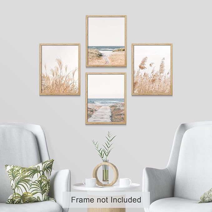 SIGNWIN Poster Bathroom Decor, Wall Art Room Decor Multicolor for Living Room, Bedroom, Office White Pampas Grass Beach Ocean Shore Horizon Nature Wilderness Realism Landscape Colorful - 12"x16"x4