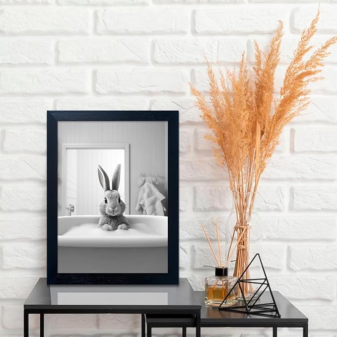Melpa Art Kids Bathroom Wall Decor, Black and White Cute Animal Canvas Print Painting, Funny Rabbit in Bathtub Bathroom, Farmhouse Picture Wall Decor Artwork