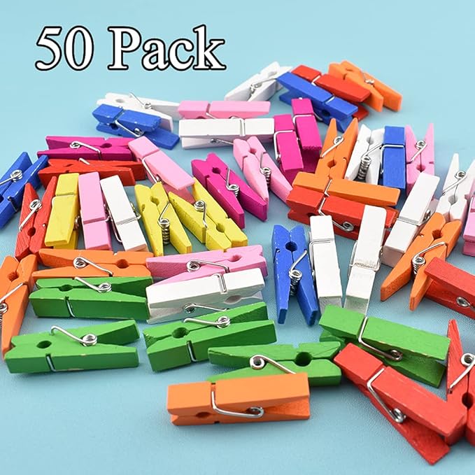 HAHIYO Colorful Wooden Clothes Pins Clothespins Small Do NOT Fall Apart 1.38 inches Length 50 Pack Sturdy Strong Springs No Rust No Discoloration for Laundry Bathroom Diy Craft photos Food Opened Bags