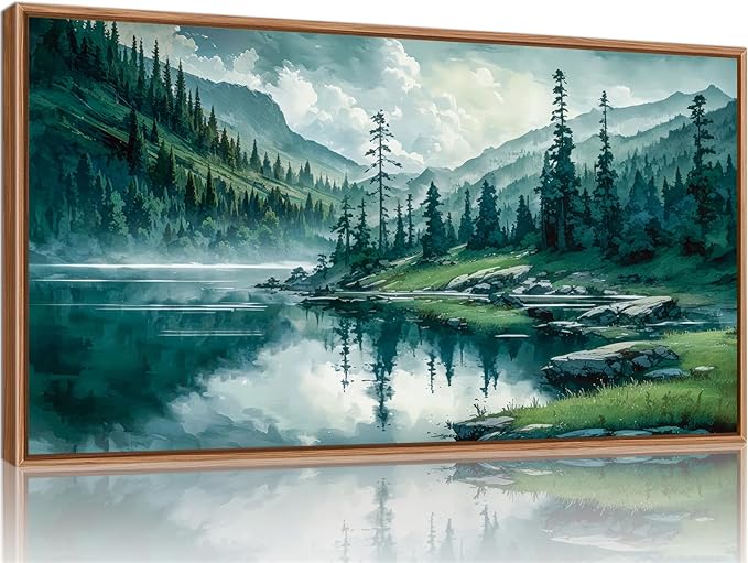 Tinonedraw Large Nature Forest Framed Canvas Wall Art, Boho Mountain Calming Lake Wall Decor, Olive Green Pine Trees Artwork, Northern Wilderness Art Painting for Living Room Bedroom Office 20"x40"
