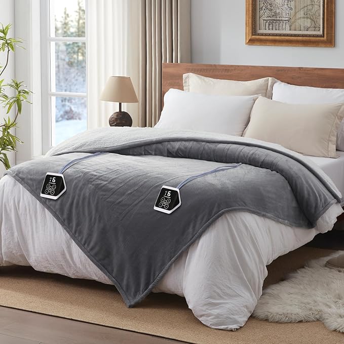 Westinghouse Heated Blanket Queen Size, Soft Flannel to Sherpa Electric Blanket with 10 Heating Levels, 12 Hours Auto Off, Fast Heating Blanket, Machine Washable, 84x90 Inch, Light Grey