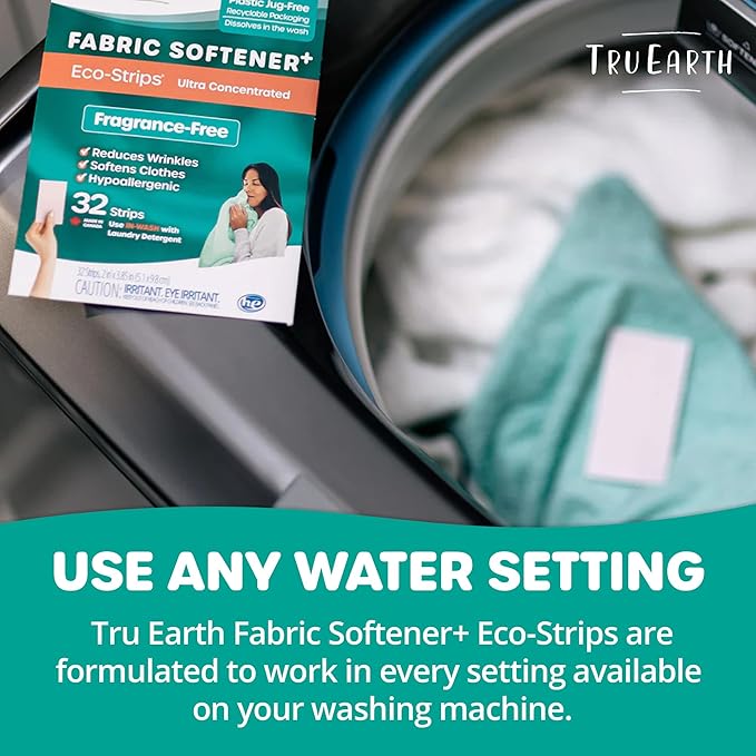 Tru Earth Fabric Softener Strips for Washing Machine, Alternative to Fabric Softener Liquid and Pods, Unscented Fragrance Free, Up to 64 Loads Per 32-Count
