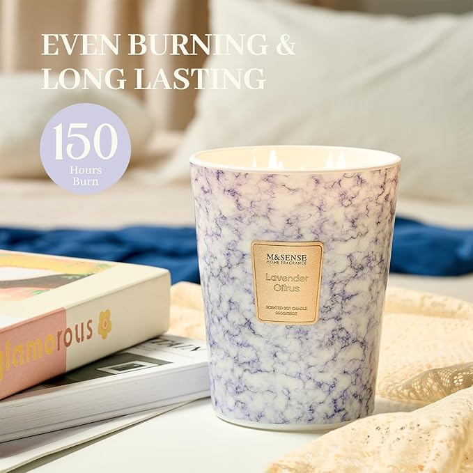 M&SENSE LavenderCitrus Scented Candles for Home, 3-Wick Highly Scented Jar Candles, Extra Large Candle 35 Oz 150 Hours Long Lasting Burning, Relaxing Aromatherapy Candle for Stress Relief, Meditation