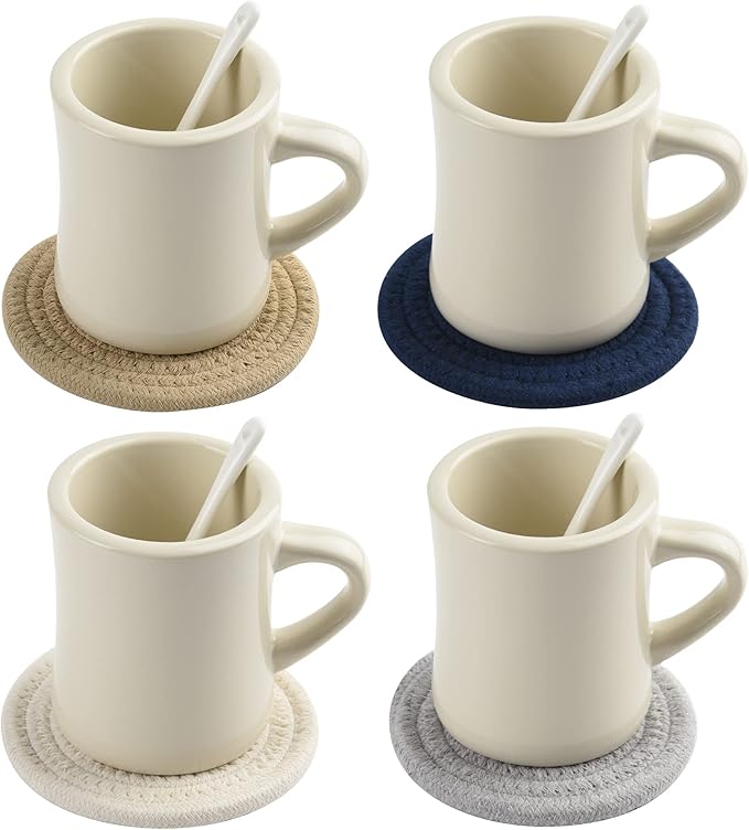 11oz Ceramic Diner Coffee Mug set Stoneware Coffee Cups Set for Restaurant, Diner, Farmhouse, Coffee Shop, Home set of 4 with Coffee spoons and Woven Coasters (Cream)