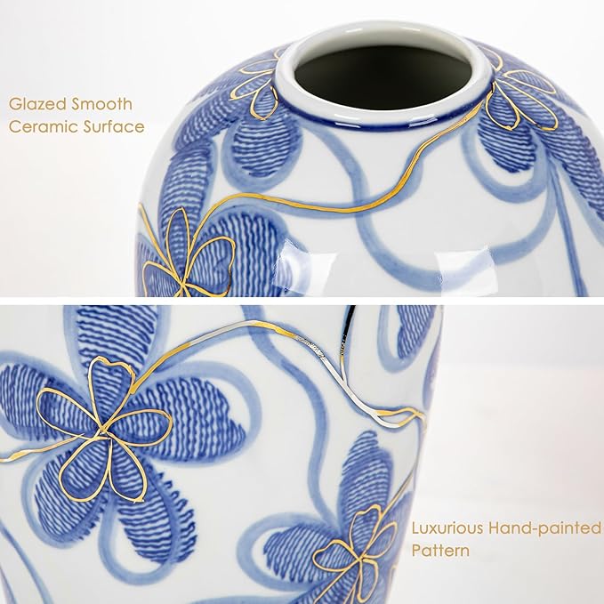 Blue and White Ceramic Vase for Home Decor – Hand-Painted Porcelain Flower Vase with Gold Accents – Chinoiserie-Inspired Home Decor Vase – 11" for Table, Shelf, or Mantel