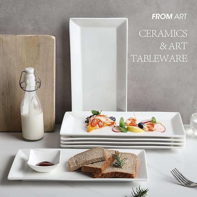 Rectangular Serving Platters Set, 12 Inch Large Ceramic Serving Plates, Stackable Serving Tray, Porcelain White Serving Platter for Appetizer, Sushi, Dessert, Snacks, Steak, Dishwasher Safe (4PCS)