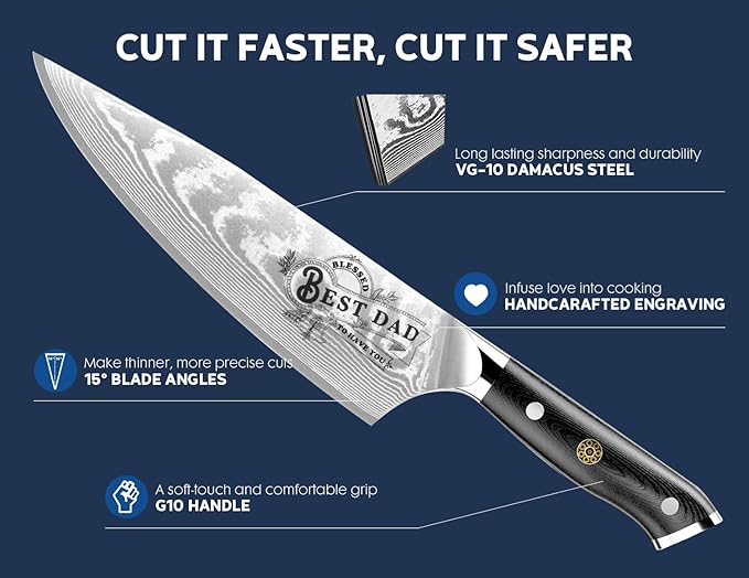 Men Gifts: Damacus Chef Knife - Gifts for Dad, Birthday Gift from Daughter Son Kids, Full Tang G10 Handle, Christmas, Thanksgiving Best Dad Ever