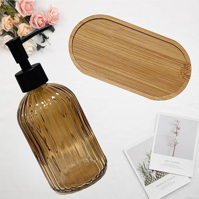 Glass Hand and Dish Soap Dispenser Set of 2 with Plastic Pumps, Bamboo Tray, 13.5oz Brown Bathroom Soap Dispenser with Vertical Stripe for Hand Wash & Dish Wash, Ideal for Bathroom Kitchen Countertop