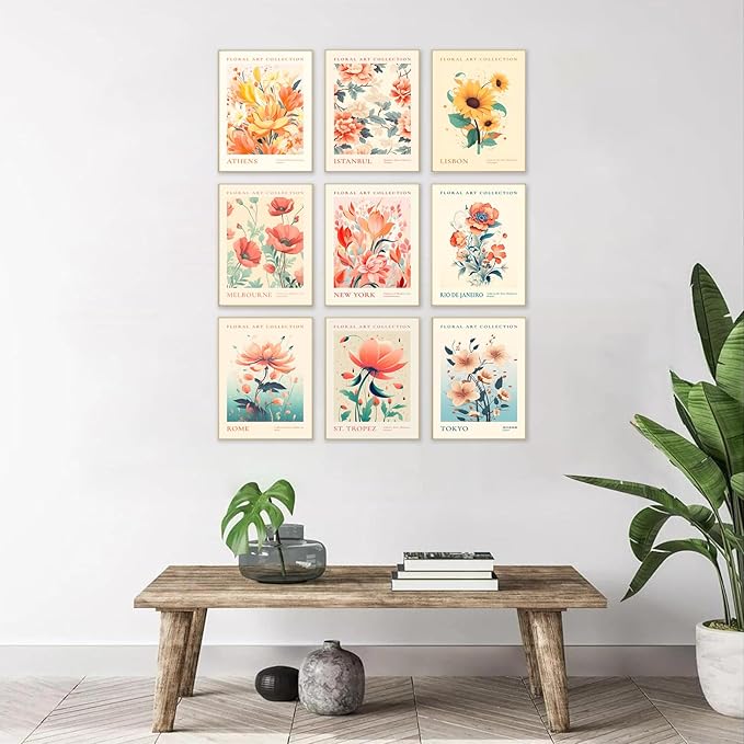 Flower Market Poster Set of 9, Abstract Colorful Floral Wall Decor Art Prints, Vintage Flower Market Poster for Room Aesthetic, Trendy Floral Canvas Gallery Paintings Boho Wall Art Decor for Bedroom Bathroom(8x10inch, Unframed)