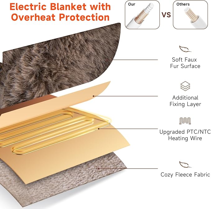 Heated Blanket Electric King- 100"x90" Soft Thick Bubble Electric Blanket for Sofa with 5 Heat Levels & 10 Hours Auto-Off Overheat Protection, Warm Cozy Gifts, Beige