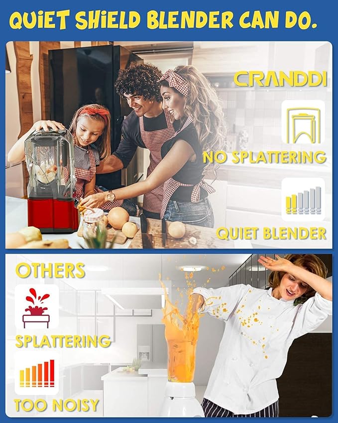 CRANDDI Quiet Commercial Blender with Soundproof Shield, 2200 Watt Professional Blenders for Kitchen with 80oz Pitcher and Self-Cleaning, High-Speed Blenders K90 Red