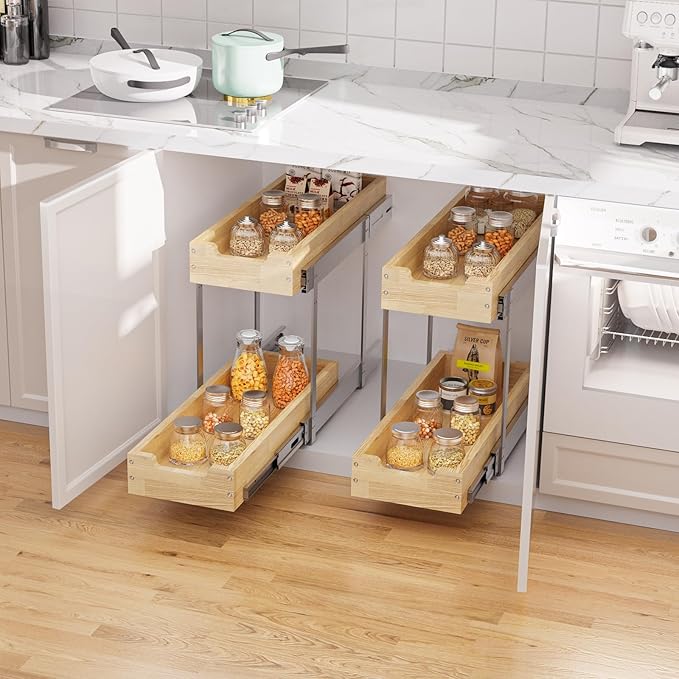 Wood Pull Out Cabinet Organizer 2 Tie 9" W x 21" D, Heavy-Duty Sliding Drawers for Inside Cabinets Storage and Organization for Kitchen, Pantry, Bathroom