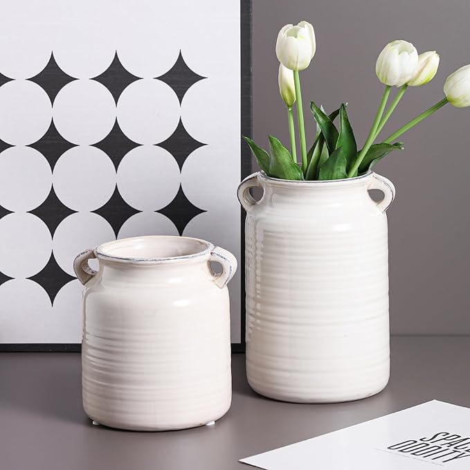 Ceramic Rustic Distressed White Flower Vase for Centerpieces, Kitchen, Office or Living Room (5.9''x8.6”)