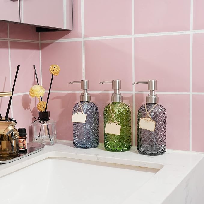 Bathroom & Kitchen Glass Hand and Dish Soap Dispenser with 304 Rustproof Stainless Steel Pump (Blue-2pack)
