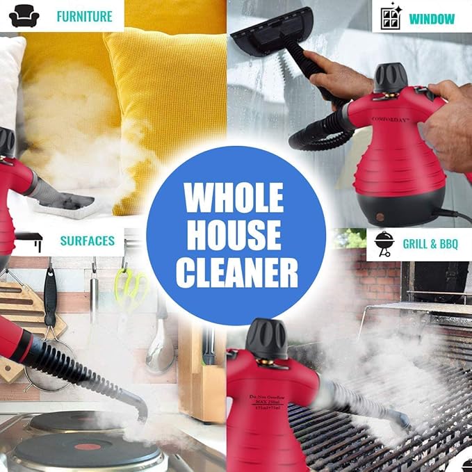 Comforday Handheld Pressurized Steam Cleaner - Multipurpose Steamer with 9-Piece Accessory Kit for Stain Removal, Upholstery, Curtains, Car Seats, Carpets, Floors, and Windows (Red)
