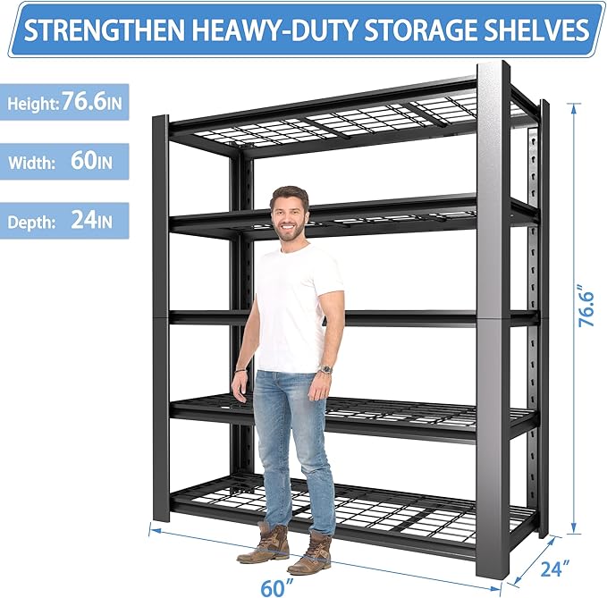 5-Tier Heavy Duty Garage Shelving Unit with Wire Shelves,3000 LBS Capacity Metal Storage Rack 76"H x 60"W x 24"D,Adjustable Boltless Steel Shelves for Garage,Basement,Pantry,Warehouse.4 Pack