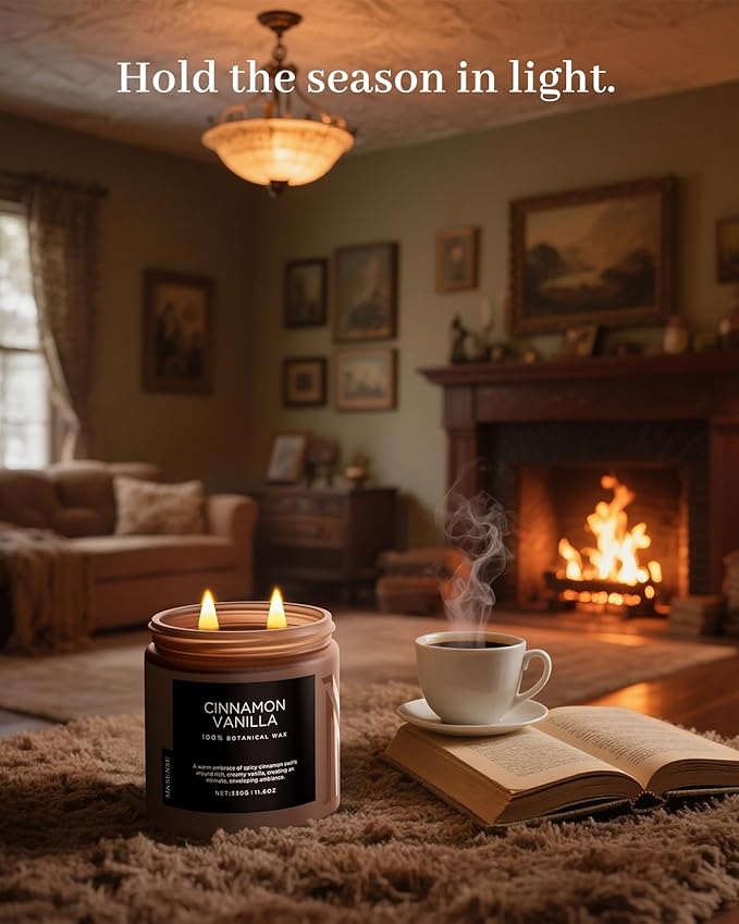 M&SENSE Cinnamon Vanilla Fall Scented Candles for Home, Natural Soy Wax 11.6oz 70 Hours Large Long Lasting Strong Scented Classic 2 Wicks Jar Candle Gift for Housewarming