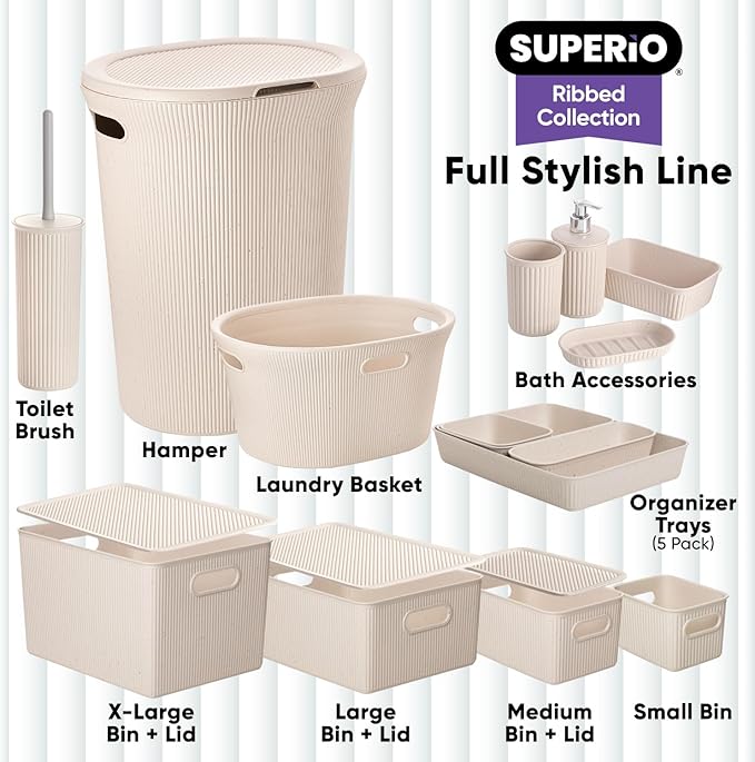 Superio Ribbed Collection - Eco-Friendly Decorative Plastic Toilet Bowl Brush and Holder Set, (1 Pack) Cleaner Scrubber for Bathroom