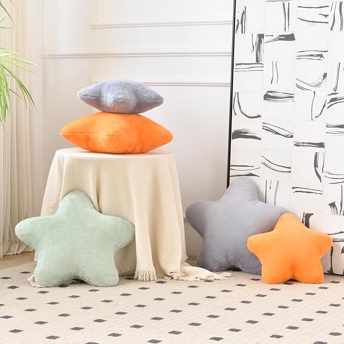 Xiashrk Star Pillow, Decorative Throw Pillows for Bed Couch, 15" Star Shaped Pillow Plush Floor Cushions Room Decor Pillow with Faux Rabbit Fur for Sofa Bedroom Living Room (Sage Green, 15" x 15")