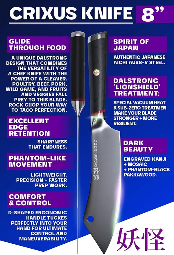 DALSTRONG Hybrid Cleaver & Chef Knife - 8 inch - Phantom Series - 'The Crixus' - Japanese High-Carbon AUS8 Steel Kitchen Knife - Pakkawood Handle - Cooking Knife - Meat Cleaver Knife - Sheath Included