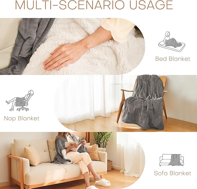 Electric Heated Blanket Twin Size 62"x84" - Flannel & Sherpa Fabric Dual-Sided, 6 Heat Settings & 10 Hours Auto Off, Soft & Cozy Warming Throw for Home, Office, or Bed, Machine Washable, Light Gray
