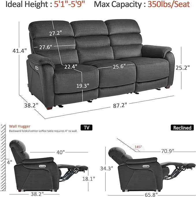 MCombo Wall Hugger Recliner Sofa with Drop Down Table, Power Reclining Sofa with Adjustable Headrest, USB A&C Charge Ports, Reading Lamp, Cup Holders, for Living Room, RVs (Fabric, ST258M3, Dark Grey)