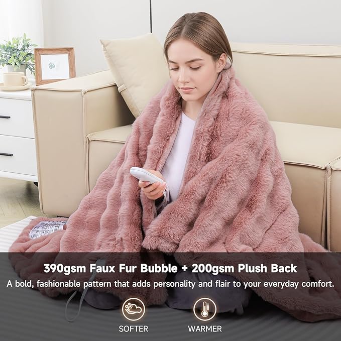 Heated Blanket Electric Queen- 84"x90" Soft Thick Bubble Electric Blanket for Sofa with 5 Heat Levels & 10 Hours Auto-Off Overheat Protection, Warm Cozy Gifts, Pink
