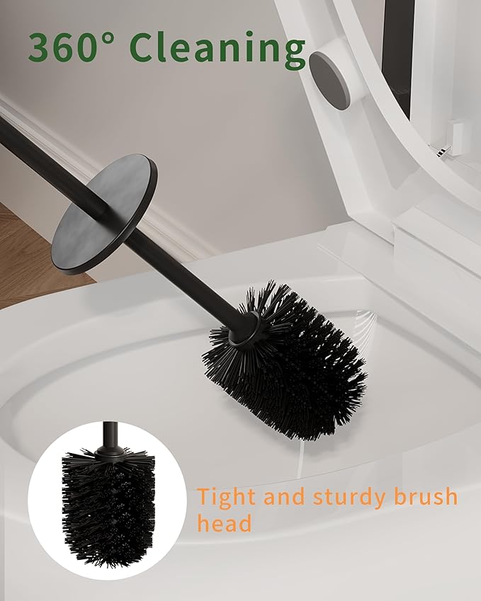 Toilet Brush and Holder Set, Toilet Bowl Brush for Bathroom with Long Handle, Stainless Steel Toilet Cleaner Brush with Durable Scrubbing Bristles,Splash-Proof (Matte Black)