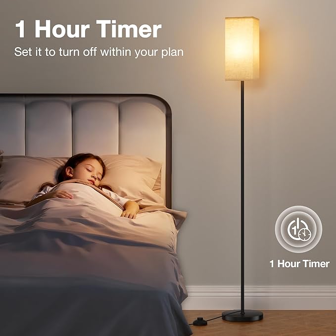 Ambimall Floor Lamps for Living Room & Remote Control, 9W Stepless Dimmable Bulb, Foot Switch, 64'' Tall Standing Lamp, Beige Lampshade(Black)