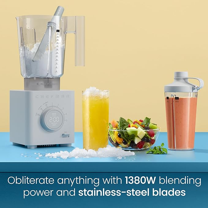 Chefman Obliterator 48 oz Countertop Blender for Smoothies, 1380W Motor to Crush Ice, Nuts, and Frozen Fruit with Stainless Steel Blade, Auto Blend Function, Includes 20 oz Travel Jar