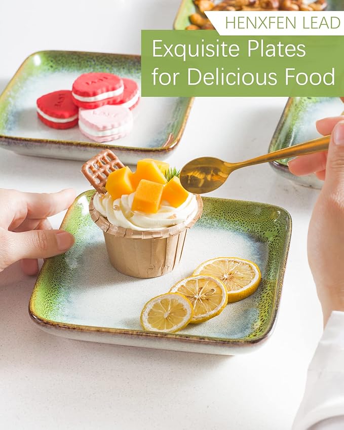 HENXFEN LEAD Small Ceramic Plates 6.3 Inch - Dessert, Appetizer, Snack Plate Set of 4 Scratch Resistant, Porcelain Serving Side Dish Microwave & Oven, Dishwasher Safe - Reactive Green