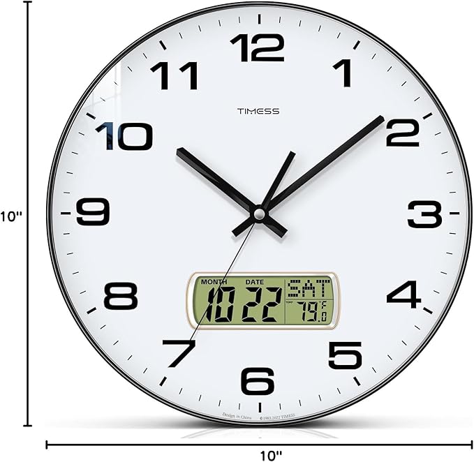 Wall Clock, 10" Dial Non-Ticking Silent Battery Operated Analog with LCD Display for Perpetual Calendar and F° Temperature, Ideal Modern Home, Bedroom, Kitchen, Office Decor (Black)