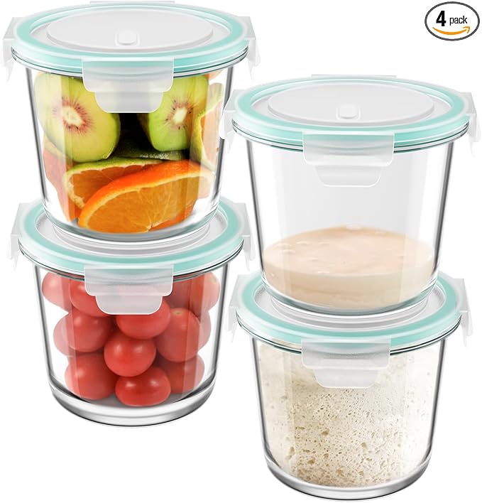 3 Cup Glass Meal Prep Containers With Turquoise Lids, Airtight 23oz glass Storage Container Set, Heat-Resistant BPA-Free for feeding the Southern Starter, Microwave, Dishwasher, Freezer Safe (4 Packs)