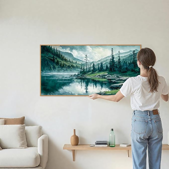 Tinonedraw Large Nature Forest Framed Canvas Wall Art, Boho Mountain Calming Lake Wall Decor, Olive Green Pine Trees Artwork, Northern Wilderness Art Painting for Living Room Bedroom Office 20"x40"