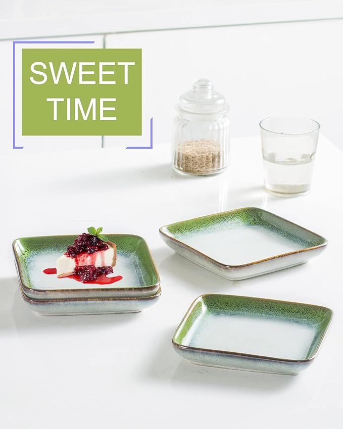 HENXFEN LEAD Small Ceramic Plates 6.3 Inch - Dessert, Appetizer, Snack Plate Set of 4 Scratch Resistant, Porcelain Serving Side Dish Microwave & Oven, Dishwasher Safe - Reactive Green